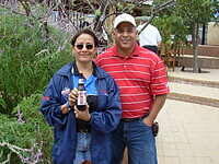 Sylvia and the "Beer Guy" at the Welcome Party in Marathon.  The beer and food were free!